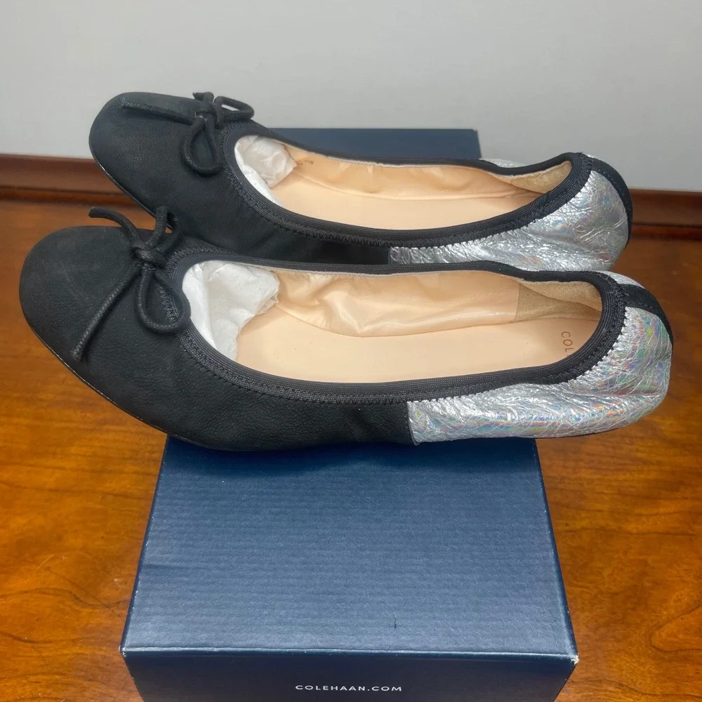 Cole‎ Haan Manhattan Demi Ballet Flats Black Silver Metallic Casuals Womens 5.5B